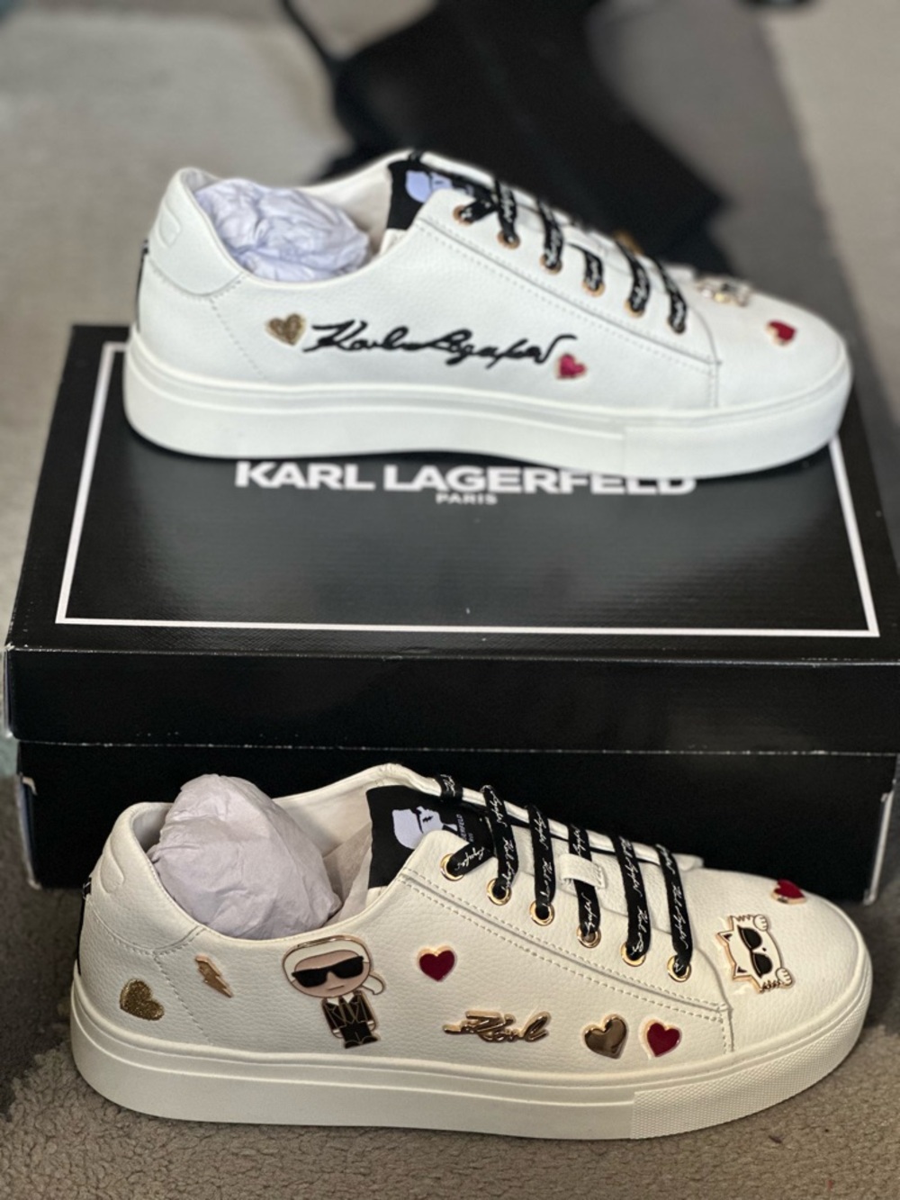 Karl Lagerfeld White Leather Sneakers with Gold & Red Heart Accents